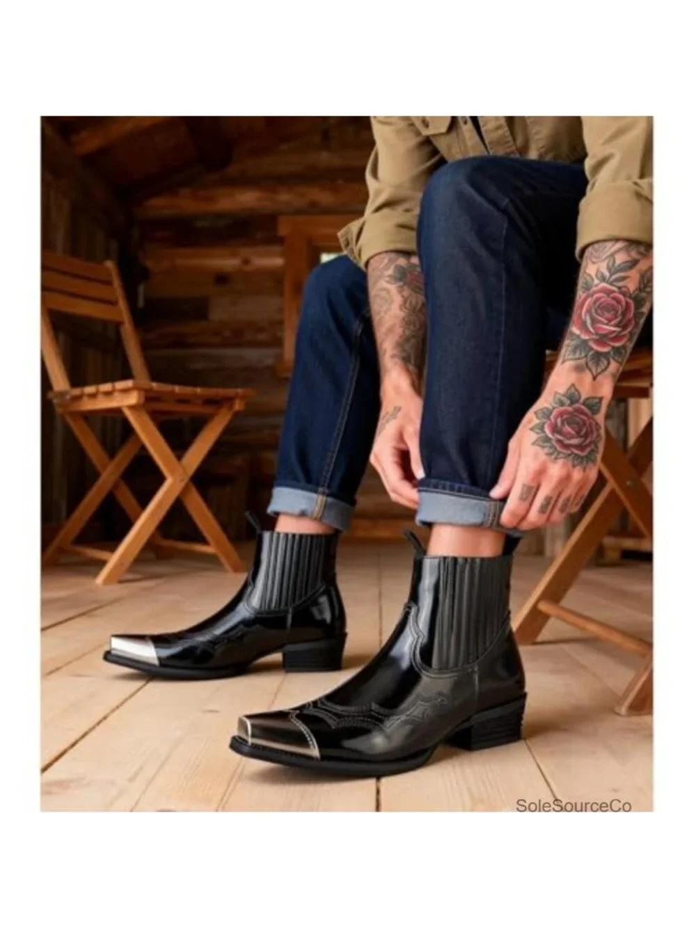 Men's Faux Leather Chelsea Boots Steel Toe Embroidered Ankle Boots